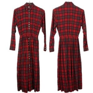 VINTAGE Red Royal Stewart Plaid Long Sleeve Button Front Maxi Dress 4